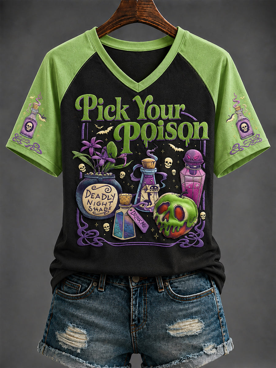 Women's Halloween “Pick Your   Poison” Printed V-neck T-shirt