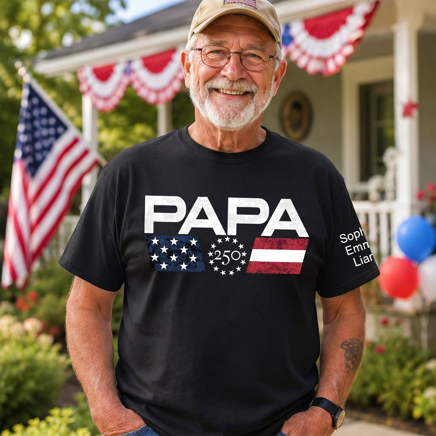 Personalized Papa 250 Years Of Freedom Shirt With Kids Names Sleeve, Patriotic Grandpa Family, U.S. 250th Anniversary 1776 2026 Gift For Fathers Day Birthday