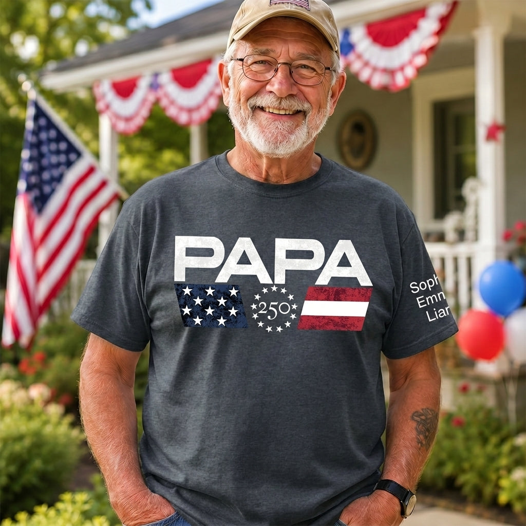 Personalized Papa 250 Years Of Freedom Shirt With Kids Names Sleeve, Patriotic Grandpa Family, U.S. 250th Anniversary 1776 2026 Gift For Fathers Day Birthday