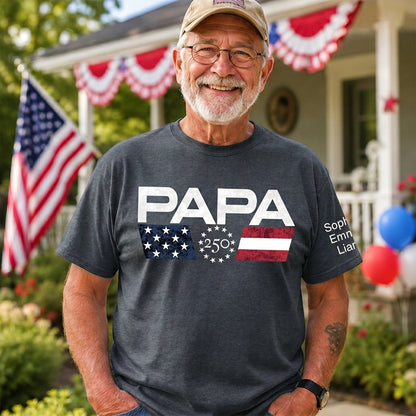 Personalized Papa 250 Years Of Freedom Shirt With Kids Names Sleeve, Patriotic Grandpa Family, U.S. 250th Anniversary 1776 2026 Gift For Fathers Day Birthday