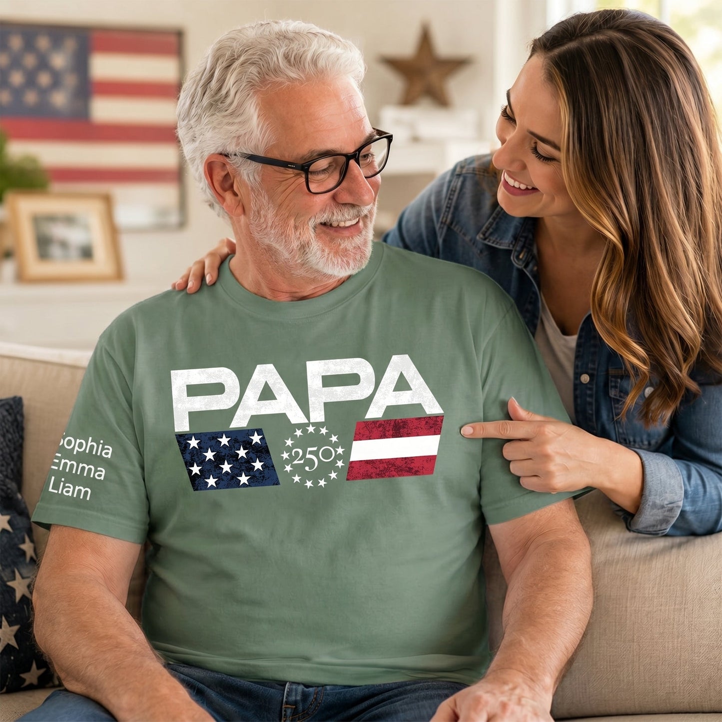 Personalized Papa 250 Years Of Freedom Shirt With Kids Names Sleeve, Patriotic Grandpa Family, U.S. 250th Anniversary 1776 2026 Gift For Fathers Day Birthday