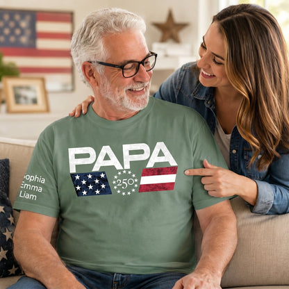 Personalized Papa 250 Years Of Freedom Shirt With Kids Names Sleeve, Patriotic Grandpa Family, U.S. 250th Anniversary 1776 2026 Gift For Fathers Day Birthday