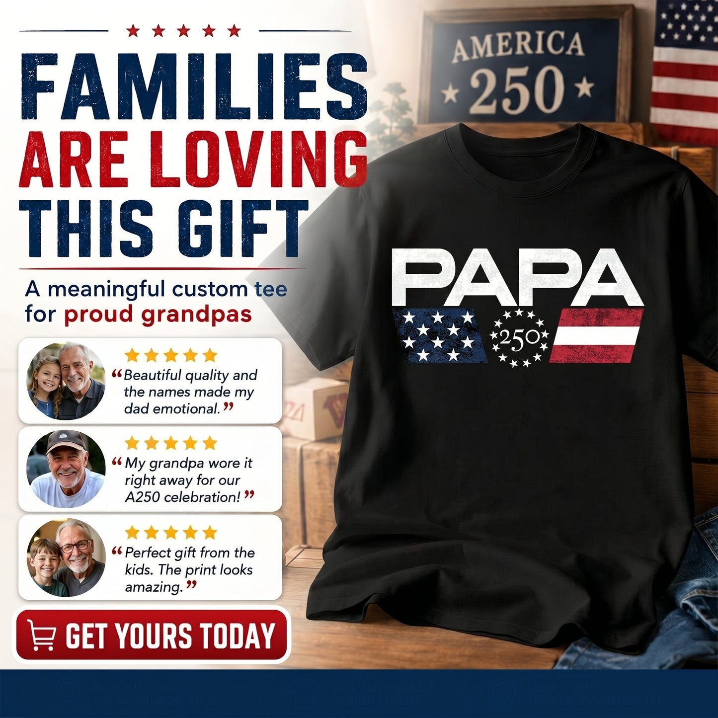 Personalized Papa 250 Years Of Freedom Shirt With Kids Names Sleeve, Patriotic Grandpa Family, U.S. 250th Anniversary 1776 2026 Gift For Fathers Day Birthday